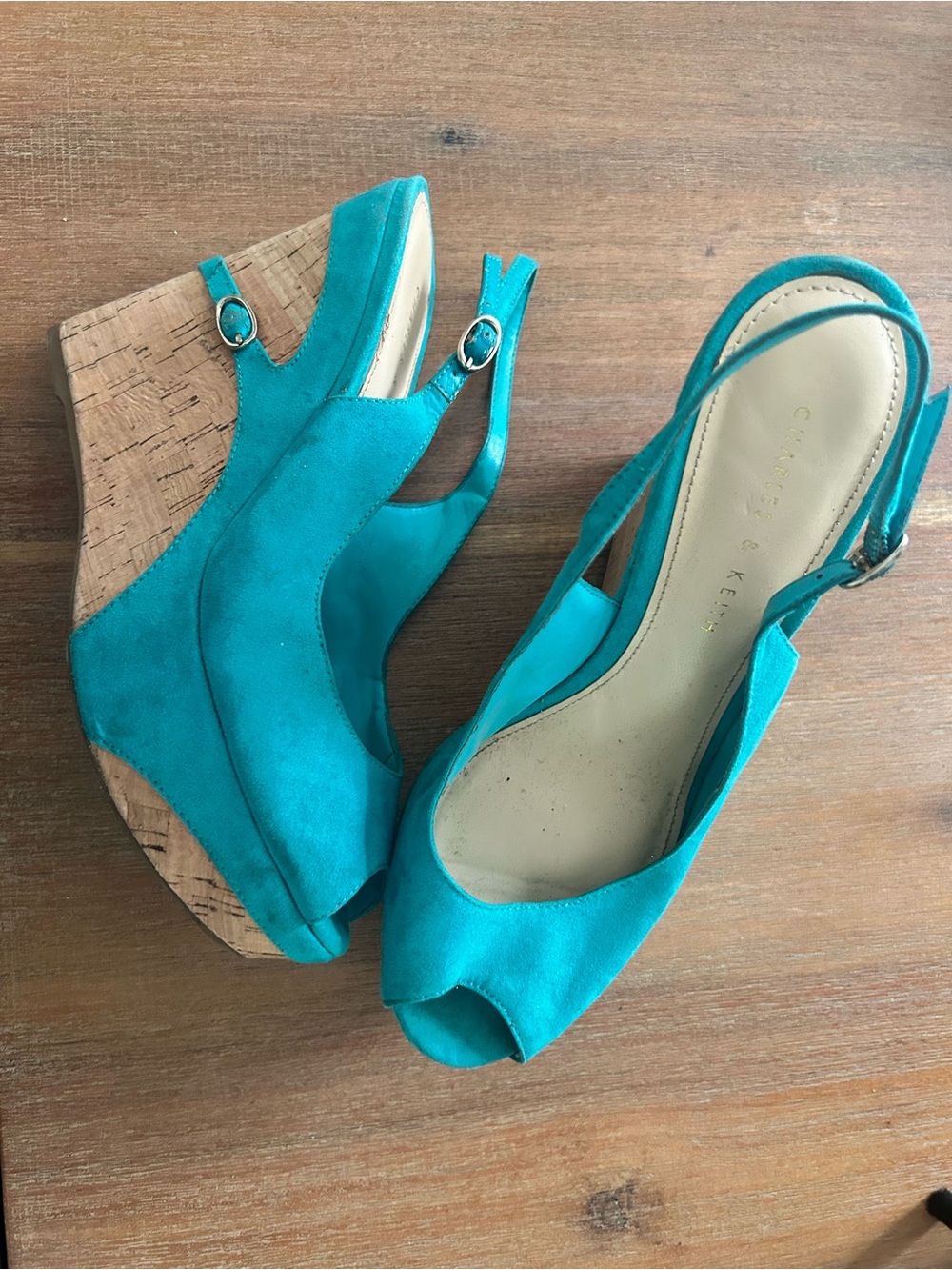 Charles & Keith Teal Suede Cork Wedge Slingbacks